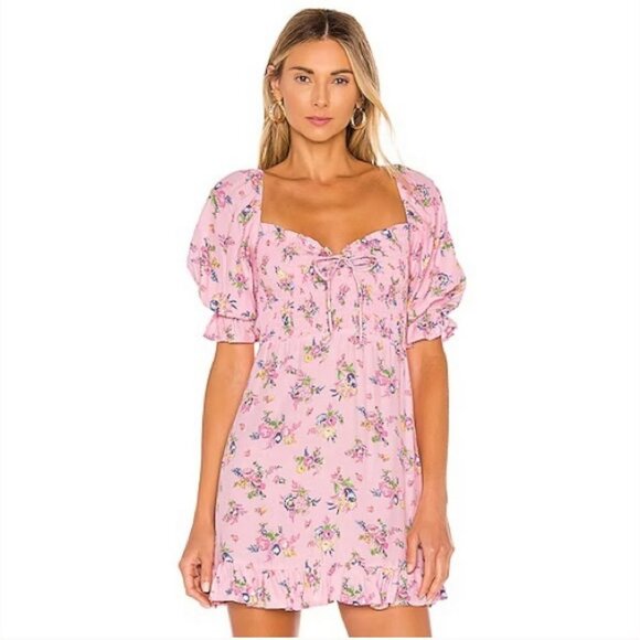 Faithfull the Brand Sage Juliette Pink Floral Shirred Ruffle Mini Dress Size 4